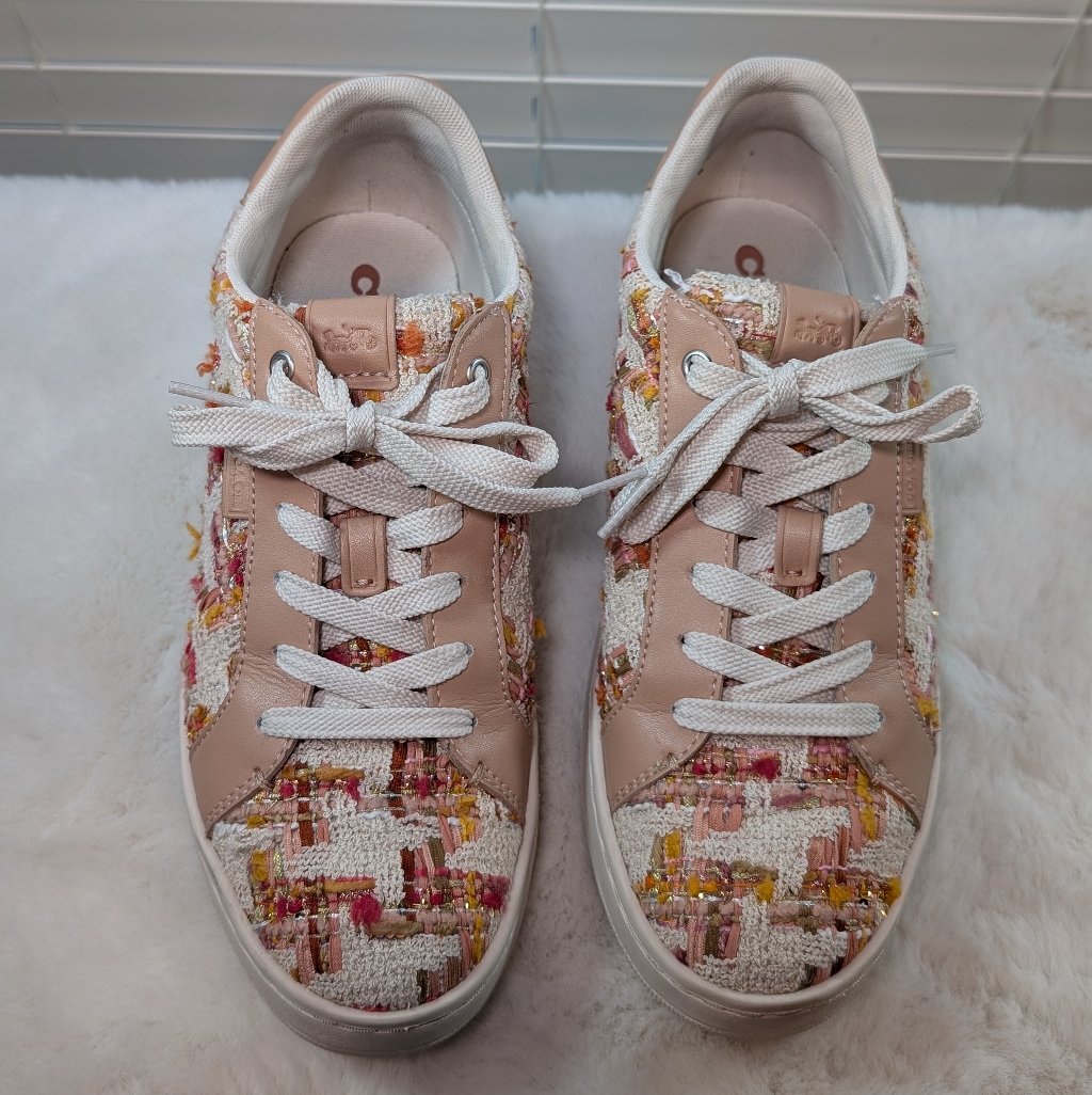 Coach Lowline Tweed Sneakers | Size 7.5 | Multicolor Pink & White Tweed With Box
